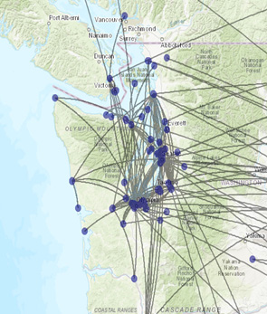 A zoomed in image of a social network analysis map focused on the Pacific Northwest. There are large dots indicating significant locations and project coordinators. There are lines connecting the dots to indicate relationships between them.